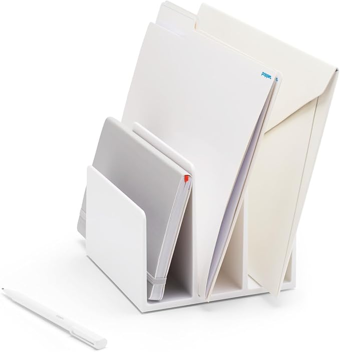 Poppin Fin File Sorter - 3-Compartment File Organizer, Sturdy and Durable Document Organizer, Sleek Design with Lacquer-like Finish, File Folder Organizer for Desk (White)