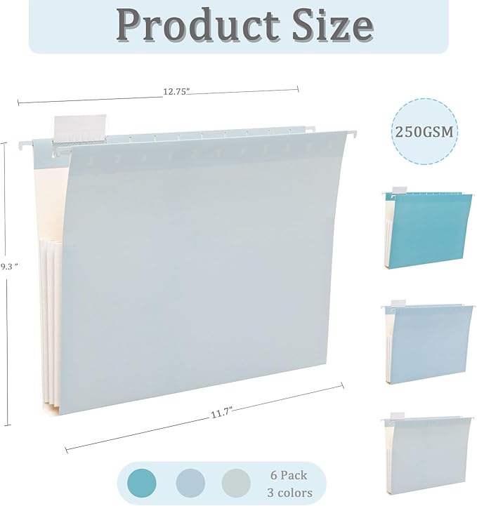 6 Pack Extra Capacity Hanging File Folders Letter Size, Reinforced Expandable Folders with 1/5-Cut Tabs for Filing Cabinets, Durable Office & Home Organizer, Blue