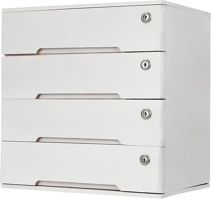 4-Tier Desk Organizer with Lockable Drawers, 4 pairs of Keys, Wooden Desktop Storage Box, Categorized Storage Desktop File Cabinet(White)