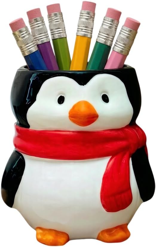 Adorable Cartoons Shaped Ceramic Pencil Holders - Multifunctional Desktop Organizers (Penguin)