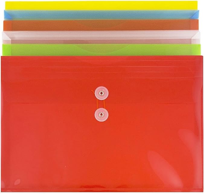 JAM Paper Plastic Envelope with Button and String Tie Closure - Legal Booklet - 9 3/4" x 14 1/2" x 1 1/4"- Assorted Primary Colors - 6/pack