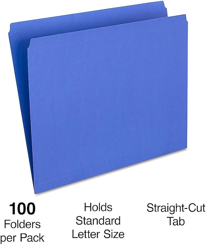 Staples Single‑Tab File Folders, Letter Size, Blue, Heavy‑Duty Paper Stock, 100/Box