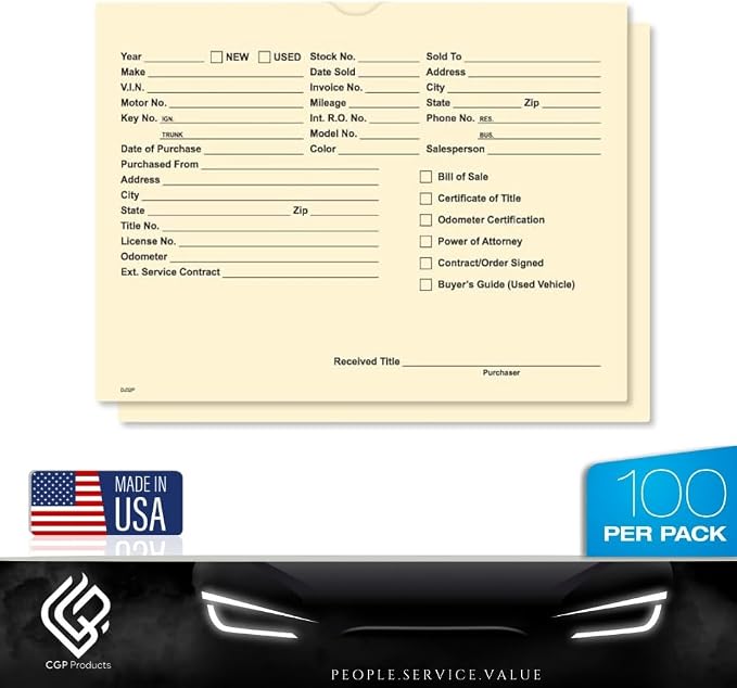 Printed Vehicle Deal Jackets Envelopes Folders for Auto Car Dealerships - 9x12 Size - Dealer Supplies - New and Used Cars - 100 Quantity (Buff)