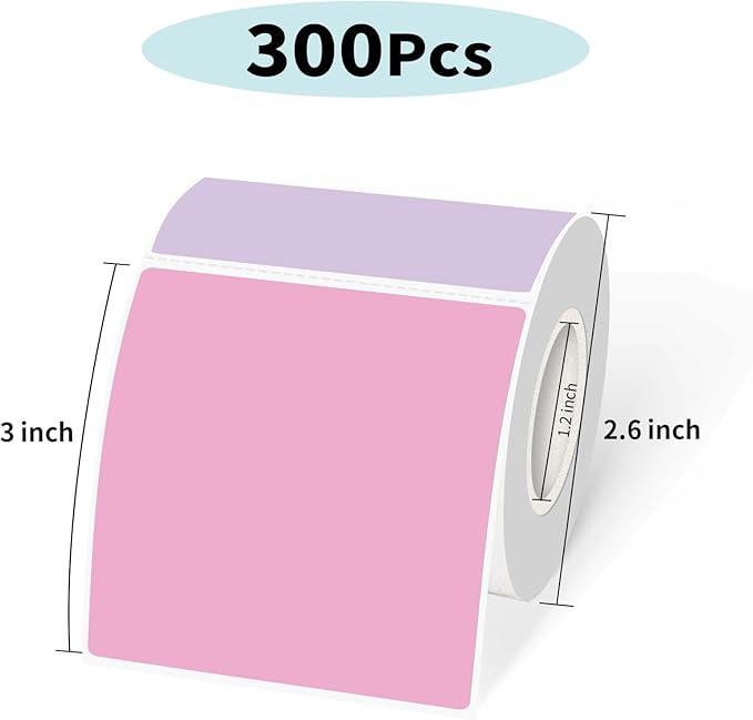 Square Thermal Labels Stickers 3"x3", Self-Adhesive Waterproof Square Direct Thermal Labels Stickers, Perforation Line Design- 300 Sheets/Spring Colors