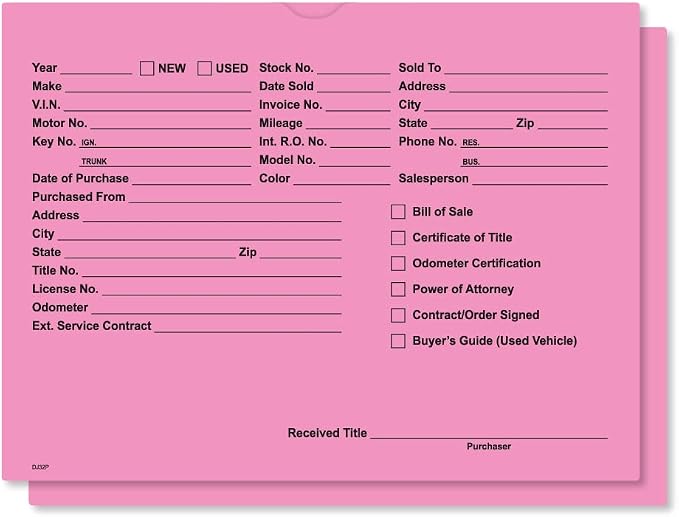Printed Vehicle Deal Jackets Envelopes Folders for Auto Car Dealerships - 9x12 Size - Dealer Supplies - New and Used Cars - 100 Quantity (Fuchsia)