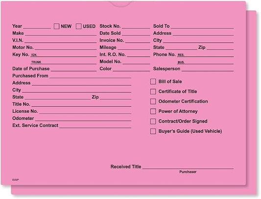 Printed Vehicle Deal Jackets Envelopes Folders for Auto Car Dealerships - 9x12 Size - Dealer Supplies - New and Used Cars - 100 Quantity (Fuchsia)