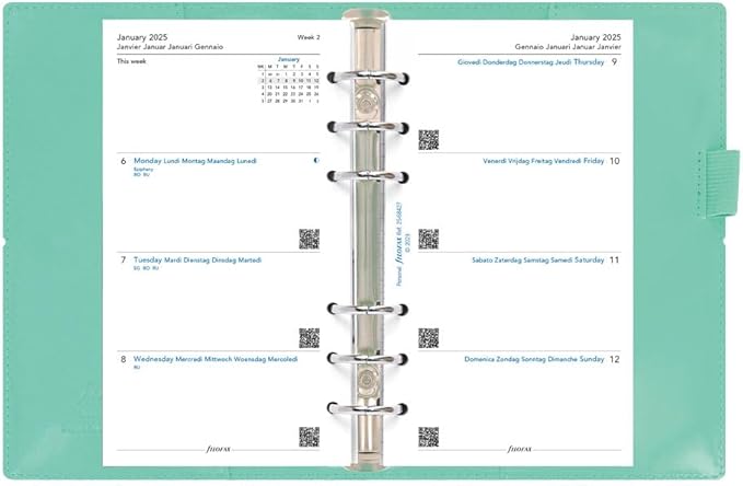 Filofax Domino Patent Organizer, Personal Size, Turquoise - High-Gloss, Contemporary, Six Rings, Week-to-View Calendar Diary, Multilingual, 2025 (C022514-25)