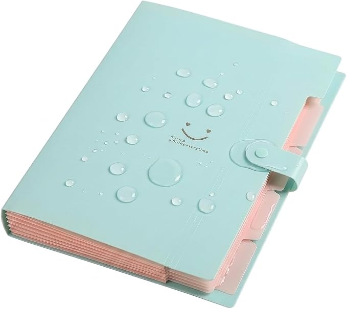 Smile face Expanding File Folder, 5 Pockets Plastic Document Organizer, A4 Letter Size Accordion Folder with Snap Closure, Portable Durable Paper Organizer for Home Office School (Green)