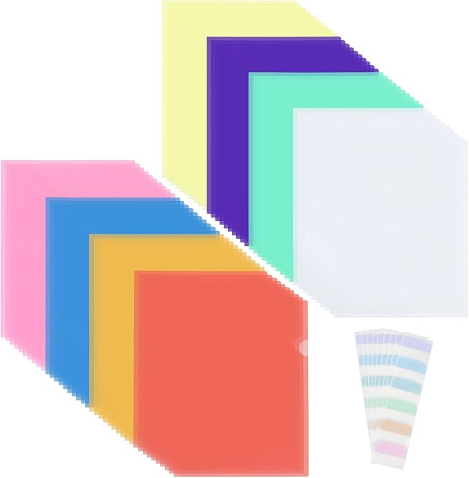 80PCS Clear Plastic Document Folders 8 Colors Document Protector Sleeves with Label Stickers A4 Paper Filing Storage Organizes Folders for Office School Home Document Letter Protection