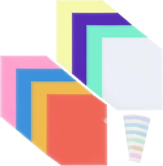 80PCS Clear Plastic Document Folders 8 Colors Document Protector Sleeves with Label Stickers A4 Paper Filing Storage Organizes Folders for Office School Home Document Letter Protection