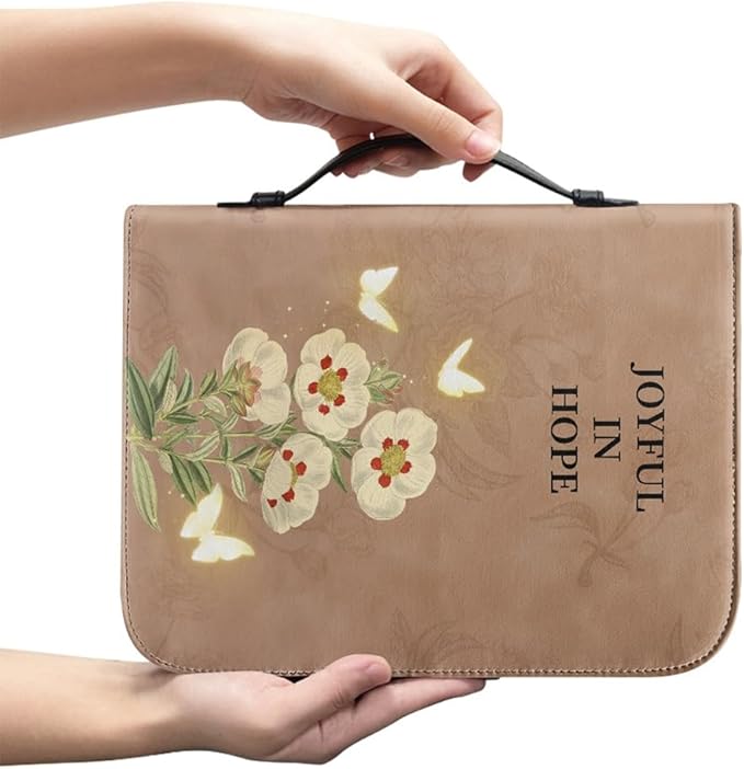 Bible Case with Handle and Zipper, Premium PU Leather Waterproof Bible Cover 11.2 x 8 x 2.2 Inches, Book Case for Standard Size Bibles with Pen Storage, Bible Accessories Gifts (Joyful)