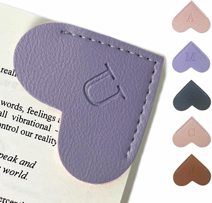 Personalized Leather Book Marks, Heart Bookmark, Unique Cute Handmade Letter Bookmarks Accessories for Reading Women, Teacher, Student, Book Lovers Book Mark Gifts (Purple, U)