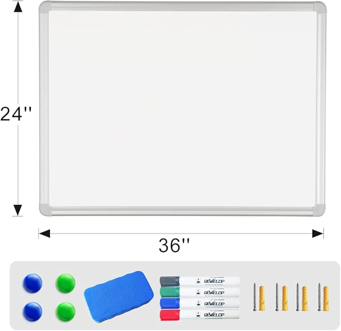 DEVELOP Magnetic Dry Erase White Board 24x36 Inch, Aluminum Frame Wall-Mounted Whiteboard with Detachable Marker Tray & Magnetic Surface for Home Office Classroom Kitchen Memo