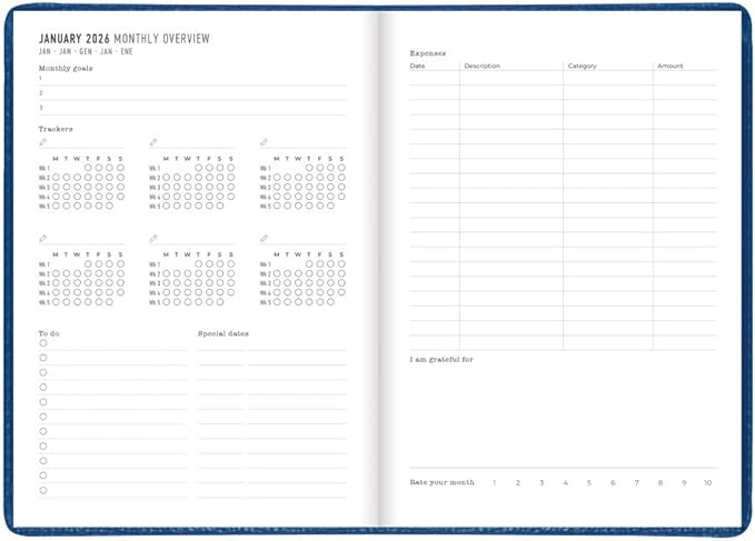 Letts of London® 2026 Milano Weekly/Monthly Planner, 12 Months, January to December, A5 Size, 8.25" x 5.875", Sewn Binding, Textured Cover, Multilingual, Blue (C080570-26)