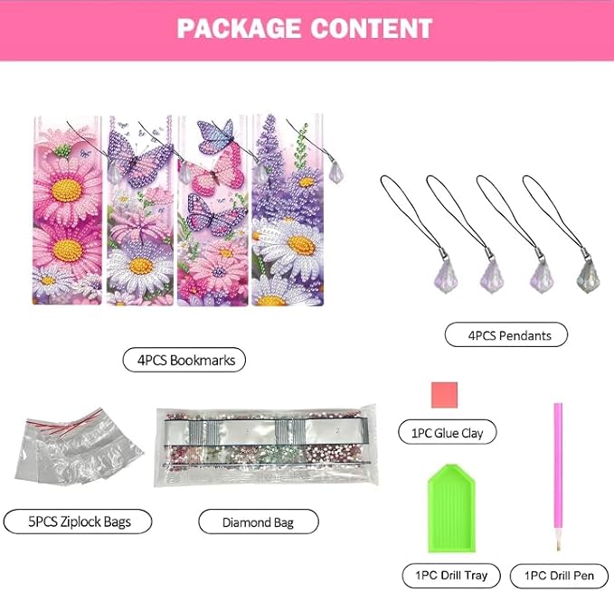 4pcs Lavender Diamond Painting Bookmark, 5D DIY Diamond Art Bookmarks with Butterfly Flower Design Beaded Rhinestone Diamond Art Kits for Adult Crafts Reading Women Beginner Birthday Gift