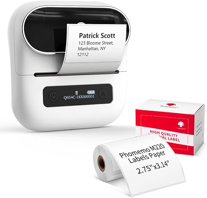 Phomemo M220 Label Maker, Bluetooth Thermal Label Printer, Barcode, Name, Address, Labeling, Mailing, Small Business and More with 1 Roll 40 x 30mm and 1 Rolls 70 x 80mm Label Tapes
