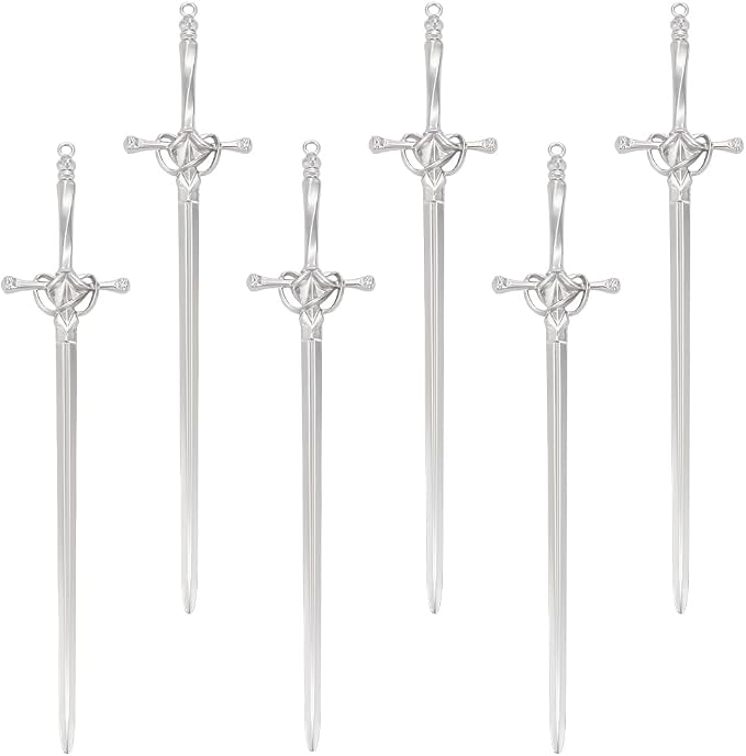 UNICRAFTALE 6Pcs Sword Bookmarks Hair Pins Sticks Vintage Platinum Metal Pendant Bookmarks Sword Hair Pin Ancient Large Sword Bookmark Charms for Reading Crafting Gifts Book Lovers Presents