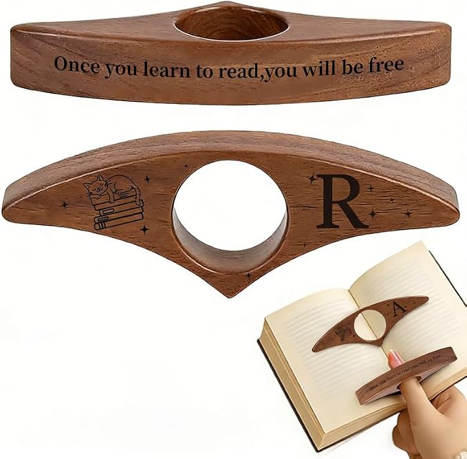 Personalized Wooden Thumb Book Page Holder Engraved with 26 Letters Initials Reading Bookmark Gift for Book Lovers, Readers, Women, Men, Teachers Christmas, Birthday(Black Walnut Wood-C, R)
