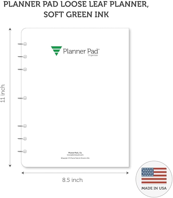 Planner Pad 7 Hole Loose Leaf July 2026 – June 2027 / Academic Year 8 1/2" x 11” 3-Tier Funnel Down 12 Month Large Size Organizer, Soft Green Ink