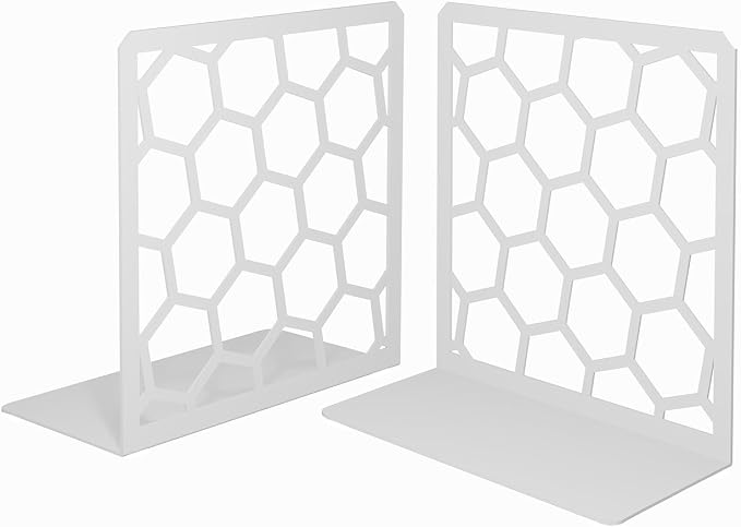 Gray Geometric Honeycomb Metal Bookends - Book Ends for Shelves - Decorative Modern Heavy Duty Bookend Stopper - Book Ends for Heavy Books - Home Office Book Holder - 1 Pair, 6x3.25x6.25 in