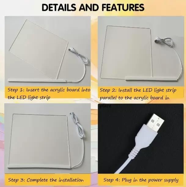 Led Note Board with Colors, 12"X8" Acrylic Dry Erase Board with Light, Light Up Dry Erase Board with Adjustable Stand, Led Board White Board with 7 Pen, Office Home Glow Rewritable Message Board.