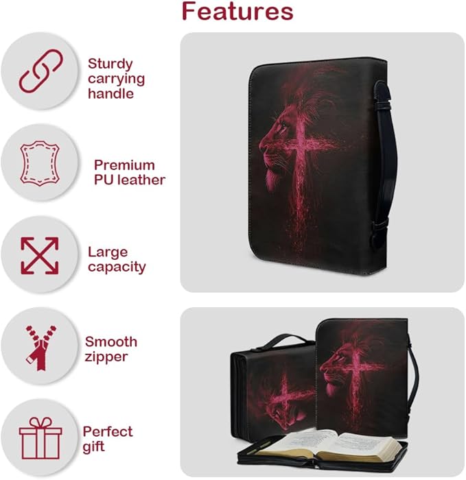 Bible Case with Handle and Zipper, Premium PU Leather Waterproof Bible Cover 11.2 x 8 x 2.2 Inches, Book Case for Standard Size Bibles with Pen Storage, Bible Accessories Gifts (Red Lion)