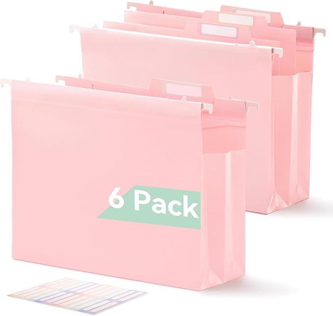 SortRax Plastic High Capacity Hanging File Folders, 4" Expansion for Bulky Documents, Side-Sealed Pocket, Holds Heavy Files, Letter Size, Movable Dividers, Insertable Tabs, 6 Pack, Pink