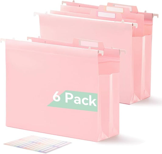 SortRax Plastic High Capacity Hanging File Folders, 4" Expansion for Bulky Documents, Side-Sealed Pocket, Holds Heavy Files, Letter Size, Movable Dividers, Insertable Tabs, 6 Pack, Pink