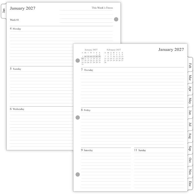 newestor 2027 Weekly Planner Refills for 3-Ring Binder with Monthly Tabs, Two Pages Per Week, 8-1/2" x 11", Folio Size 5 / Monarch