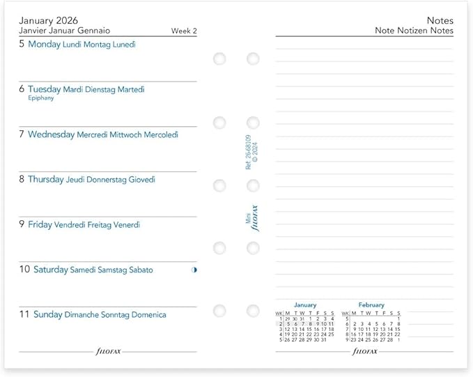 Filofax Calendar Diary Refill, Mini Size, Week on One Page with Notes, White Paper, Unruled, Multilingual: Four Languages, 2026 (C68109-26)