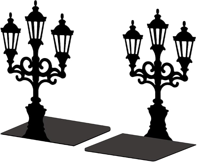 Peacoblue Metal Bookends for Shelves, Modern Decorative Heavy Duty Study Book Support Stoppers for Office, Desk, Shelf, Room 5.3"x4.3"x7.3" Cast Iron Simple Tall Bookends, 1 Pair (Street Lamp)
