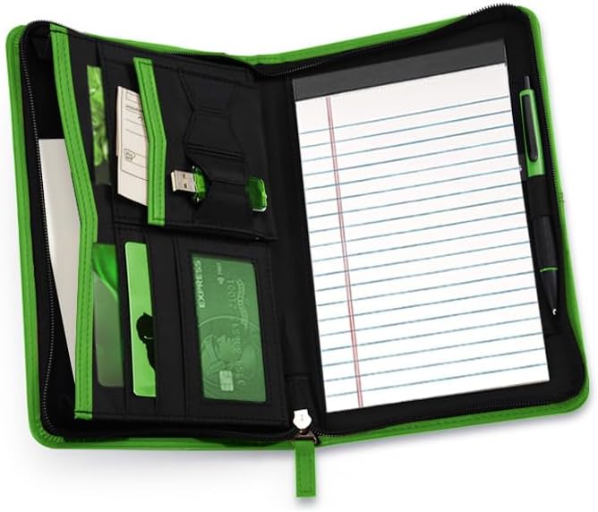 Lcjtop Junior Business Padfolio - A5 PU Leather Portfolio Binder & Zippered Binder Folder with 5 x 8 Writing Pad and Interior Storage Pocket Executive Business Organizer for Men Women,Green