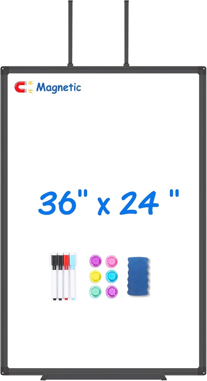 Magnetic Dry Erase Board for Doors, 36x24 Inch Whiteboard with Adjustable Long Arm Hook Mount - Easy to Install, Portable Hanging White Board for Home, Dorm Room, Office Cubicle & Small Spaces(Black)