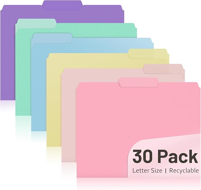 Comix Plastic Colored File Folders, 30 Pack, 1/3-Cut Tabs, Letter Size 8.5x11, 6 Pastel Colors, Poly Folders for Documents, Office, Home, School Organization