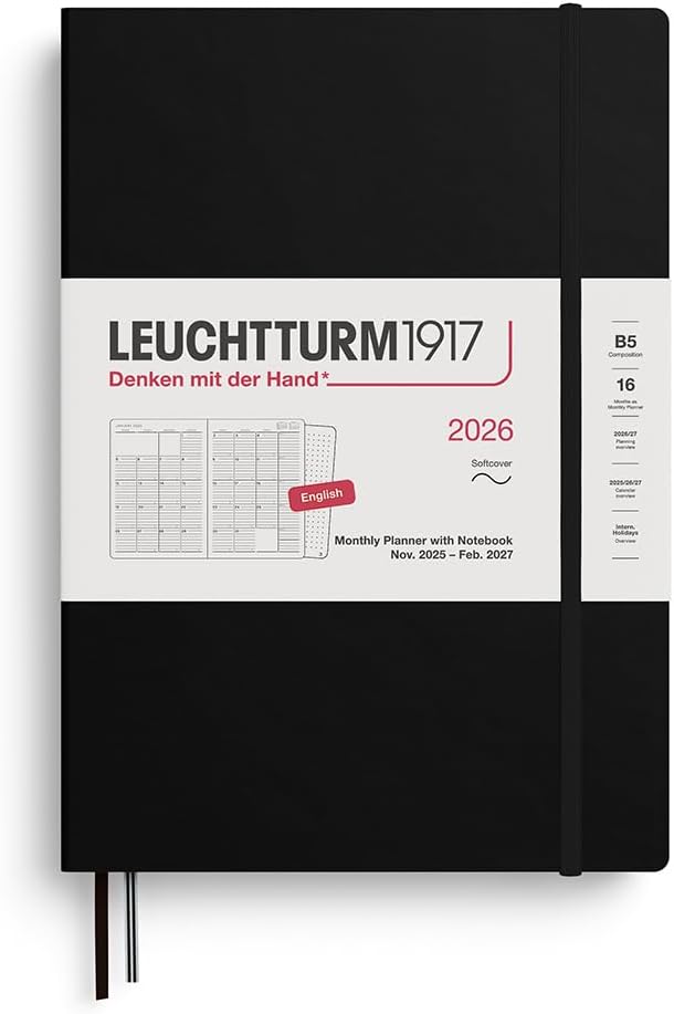 LEUCHTTURM1917 - Monthly Planner & Notebook 2026, Softcover, Composition (B5), Ruled, Black (Nov 1, 2025 - Feb 28, 2027)