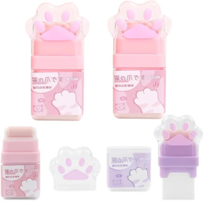 2Pcs Cat Paw Roller Eraser, Cute Cat Rubber, Multicolour Erasers for Kids, Colorful Roller Eraser, Kids with Shaving Roller Case for School Office Supply Stationery Erasers Office Supplies