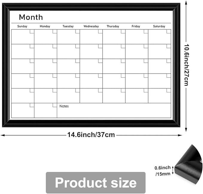 Umtiit Monthly Calendar Dry Erase Whiteboard 10.6 x 14.5 inch(27 x 37 cm), Black Wood Frame, Magnetic Surface Whiteboard for Planning/Schedule/School Timetable/Memo(BK-2737C,US)