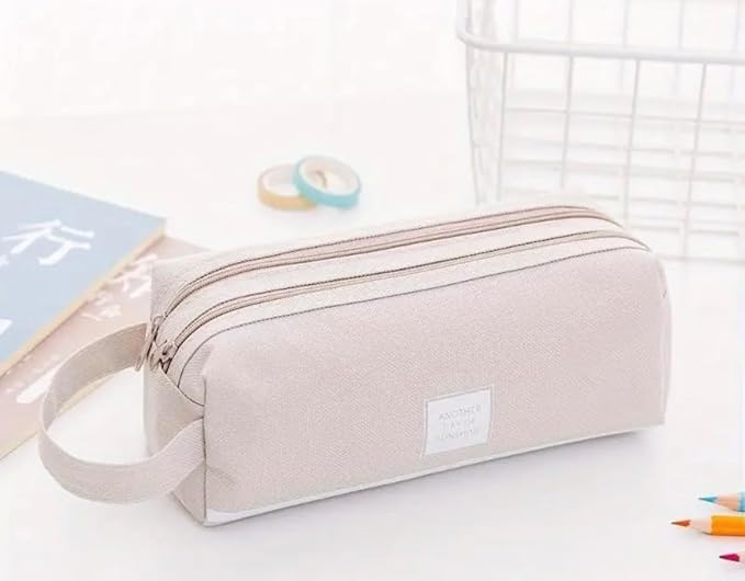 Large Capacity Pencil Case Organizer with 2 Zipper Pockets, Durable Canvas Stationery Bag for School and Office Supplies, Multi-Purpose Pen Pouch and Travel Storage Case (Beige)