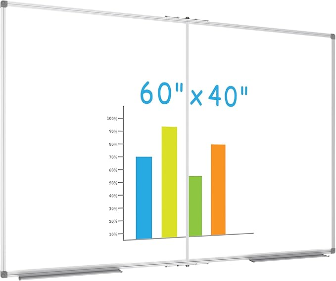 JILoffice Large Foldable White Board 60x40 Inches, Dry Erase Magnetic White Board, Silver Aluminum Frame with 2 Detachable Marker Tray Wall Mounted Board for Office Home and School