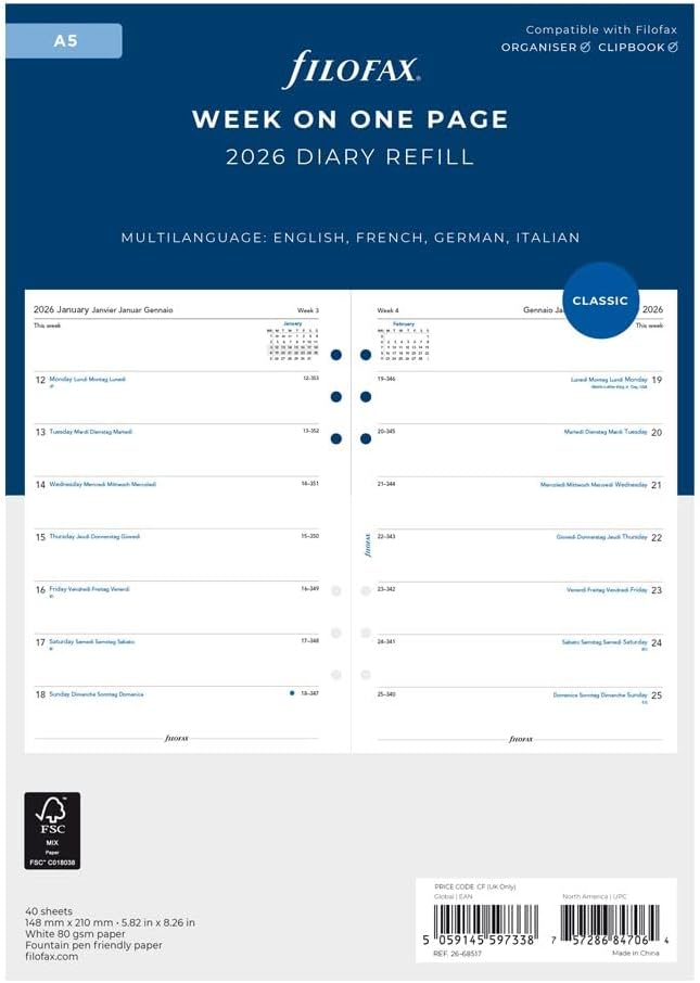 Filofax Calendar Diary Refill, A5 Size, Week on One Page, White Paper, Unruled, Multilingual: Four Languages, 2026 (C68517-26)
