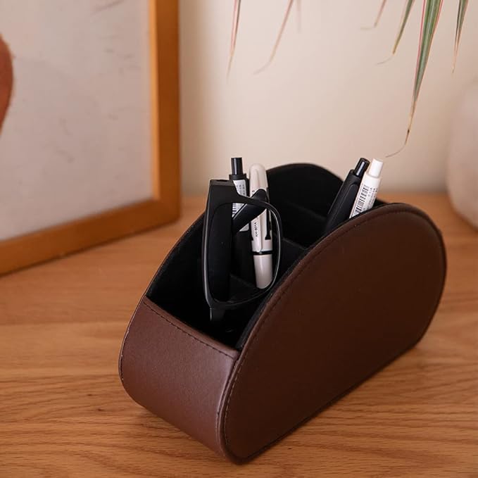 Remote Control Holder Organizer Table Desk Leather Control Storage TV Remote Control Organizer with 5 Spacious Compartments (Dark Brown)