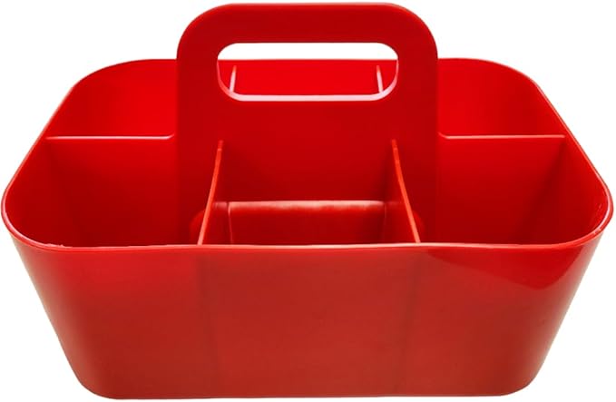 Small Stackable Plastic Caddy with Handle 6 Compartment | Desk, Makeup, Dorm Caddy, Classroom Art Organizers - 4 Pack, Made In USA (Red)