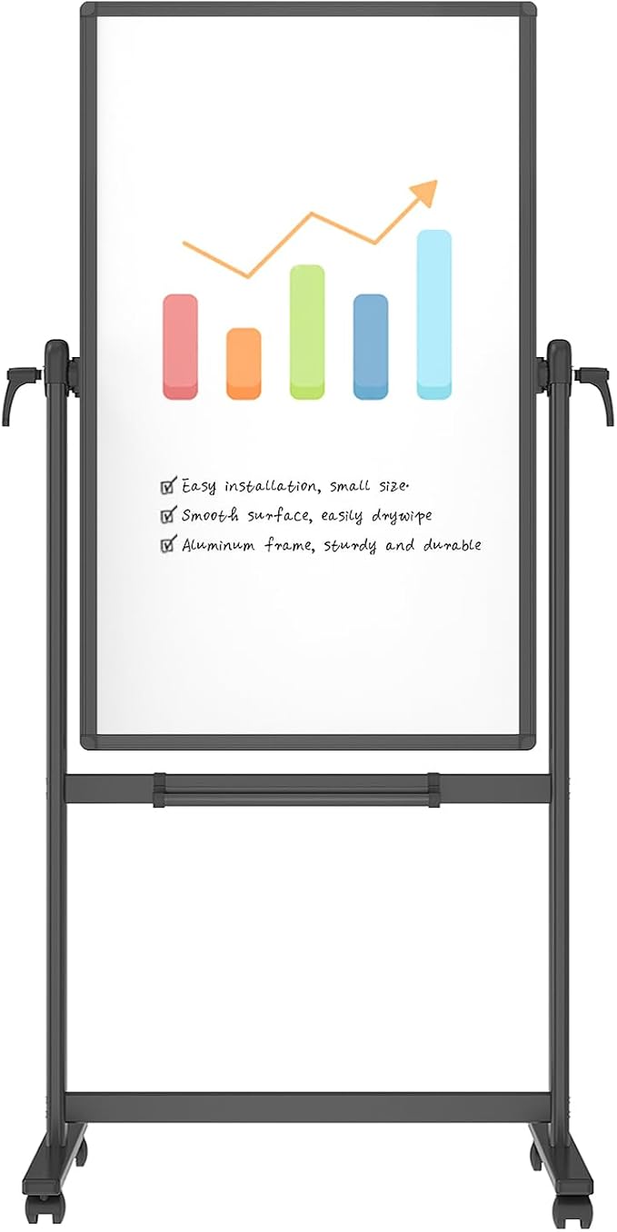 VIZ-PRO Double-Sided Magnetic Mobile Whiteboard, 48 x 24 Inches, Black Aluminium Frame and Stand