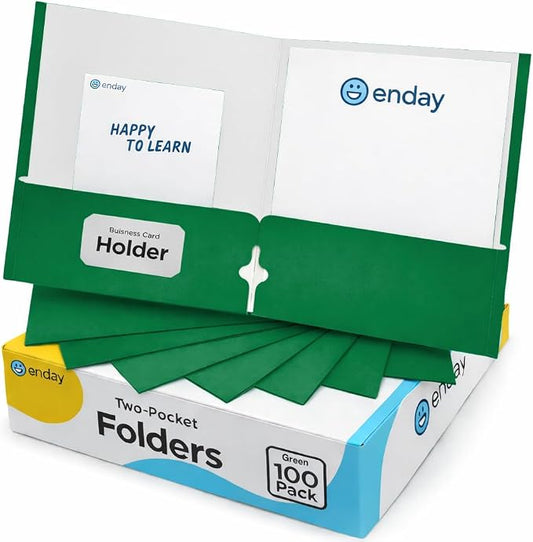 Folders with Pockets (100 Pack), Green 2 Pocket Folder Bulk, Two Pockets File for Letter Size Sheets, Bulk Paper Folders with Pockets Also Available in Blue, Black, Red, 100 Pack - By Enday