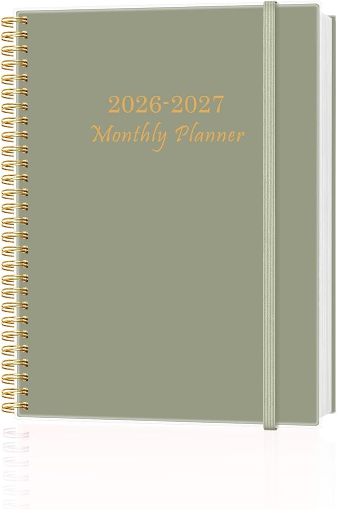 Monthly Planner 2026-2027 – Monthly Calendar from July 2026 to December 2027, 18 Month Planner with Spiral Binding, Inner Pocket, Elastic Closure, 8.5" x 11", Green