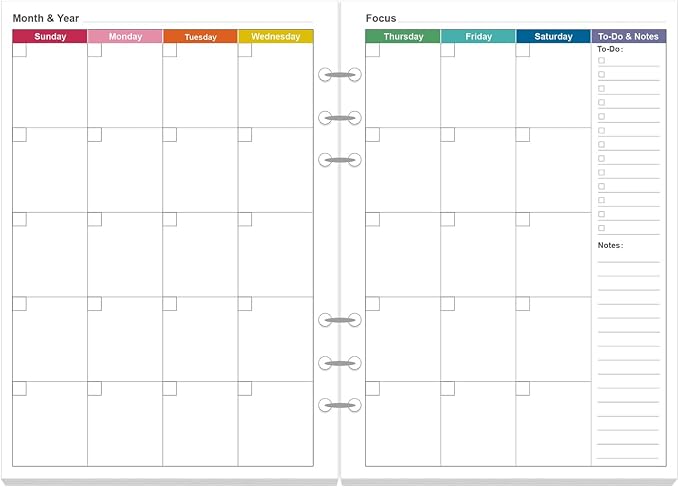 Monthly Planner Refills for A5 Binders - 53 Sheets/106 Pages Undated Colorful Monthly Planner, 6-Hole Punched, 100 gsm White Paper, Lasts 2 Year, Undated, 5.8" x 8.3"