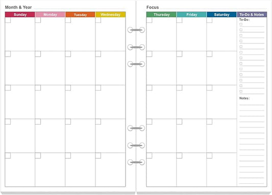 Monthly Planner Refills for A5 Binders - 53 Sheets/106 Pages Undated Colorful Monthly Planner, 6-Hole Punched, 100 gsm White Paper, Lasts 2 Year, Undated, 5.8" x 8.3"