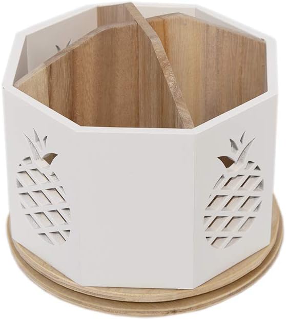 Spinning Desktop Stationary Organizer – Decorative Wooden Rotating Pen and Pencil Cup – 4 Compartment White Desk and Table Top Office Supplies Station with Pineapple Cutout - by Designstyles