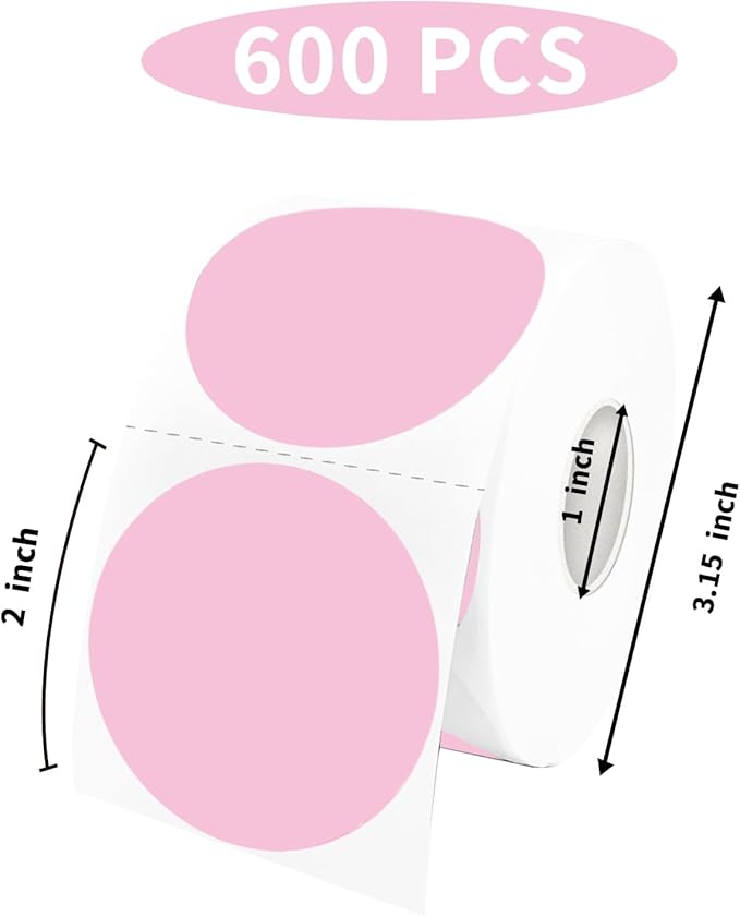 STARLIBOO 2 Inch Round Thermal Sticker Labels, Pale Pink, Self-Adhesive Direct Thermal Stickers, 600 Labels