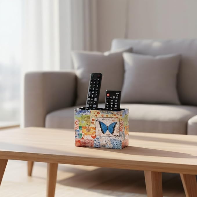 Decorative Remote Control Holder, Leather TV Remoter Caddy Storage Box Desktop Organizer Makeup Brush Pen Holder Storage Fits TV Remotes, Media Controllers, Office Supplies (Butterfly Pattern)